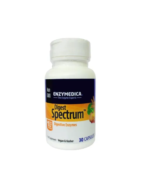 Enzymedica Digest Spectrum bottle, 30 capsules, non-GMO, vegan, kosher.