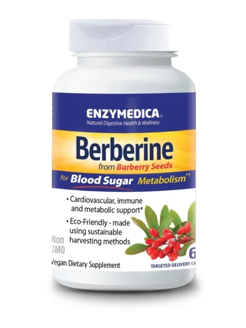 Enzymedica Berberine supplement bottle with barberry seeds image. Non-GMO, vegan, eco-friendly.