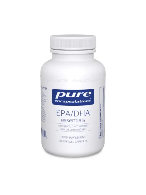 White bottle of Pure Encapsulations EPA/DHA essentials, 90 softgel capsules.