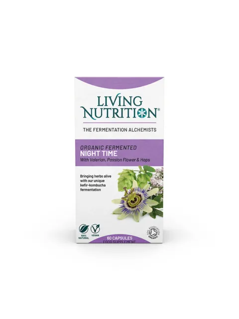 Living Nutrition Night Time capsules with valerian, passion flower, hops. 60 capsules, vegan, organic.
