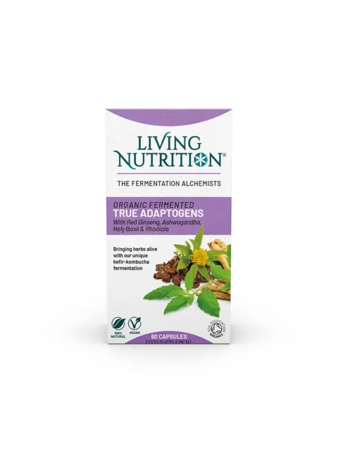 Living Nutrition True Adaptogens supplement box with herbal ingredients.
