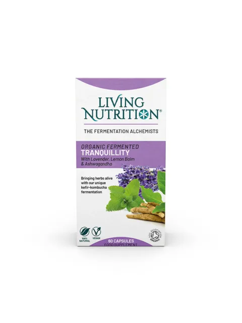 Living Nutrition Tranquillity capsules with lavender, lemon balm, and ashwagandha. 60 capsules.