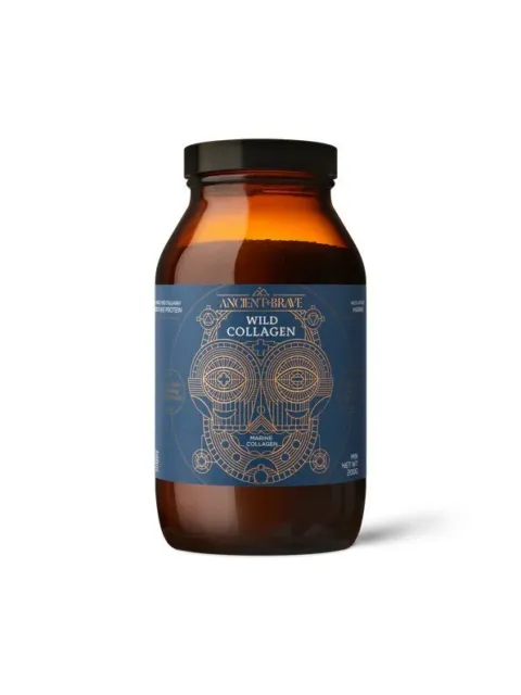 Brown jar with blue label reading "Ancient + Brave Wild Collagen".