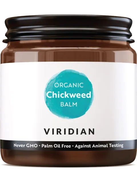 Viridian Organic Chickweed Balm jar with text: Never GMO, Palm Oil Free, Against Animal Testing.