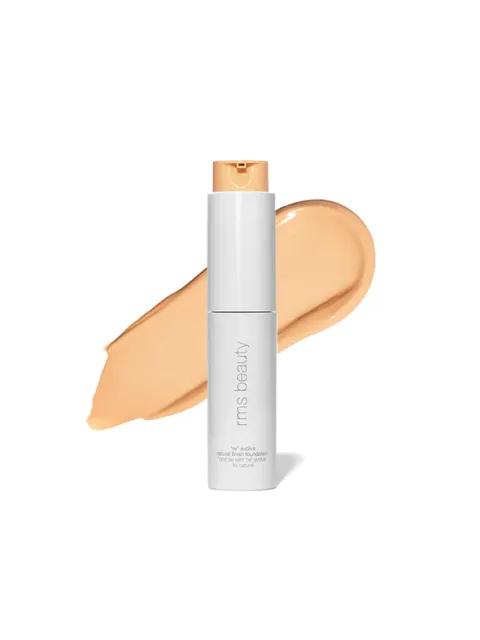 RMS Beauty foundation bottle with beige swatch in background.
