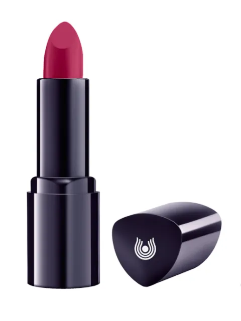 Red lipstick with black casing and cap featuring a white logo.