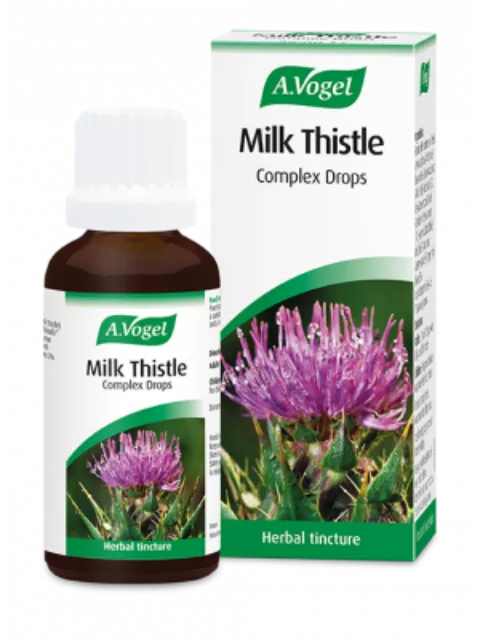 A.Vogel Milk Thistle Complex Drops bottle and box with purple flower image.