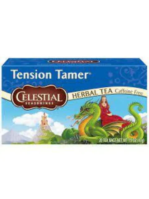 Celestial Seasonings Tension Tamer herbal tea box with dragon and castle illustration.