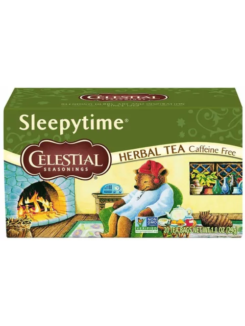 Sleepytime herbal tea box with a bear in a chair by a fireplace. Caffeine free, 20 tea bags.