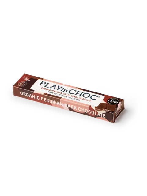 PLAYin CHOC organic Peruvian dark chocolate bar, 3 pieces, on a white tray.