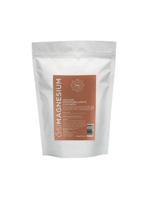 White pouch of calcium montmorillonite clay bath, 1000g, with brown label and barcode.