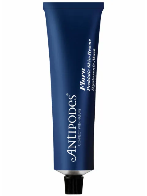 Antipodes Flora Probiotic Skin-Rescue Hyaluronic Mask in a blue tube.