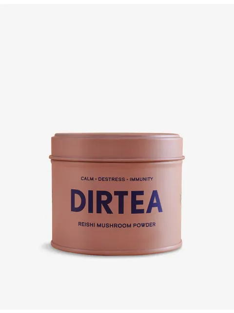 Brown tin of DIRTEA Reishi Mushroom Powder with text: Calm, Destress, Immunity.