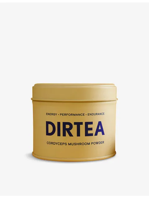 DIRTEA Cordyceps Mushroom Powder tin, beige with blue text.