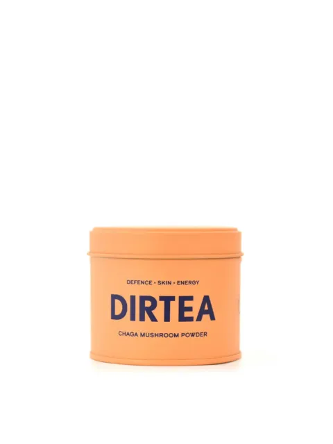 Orange tin of Dirtea Chaga Mushroom Powder with text "Defence • Skin • Energy".