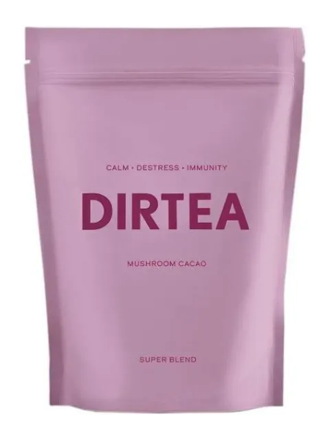 Pink pouch labelled "DIRTEA Mushroom Cacao Super Blend".