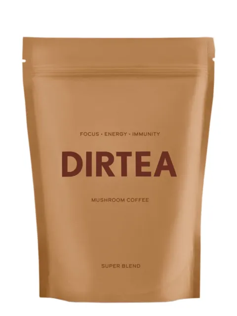Brown pouch labelled "DIRTEA Mushroom Coffee Super Blend".