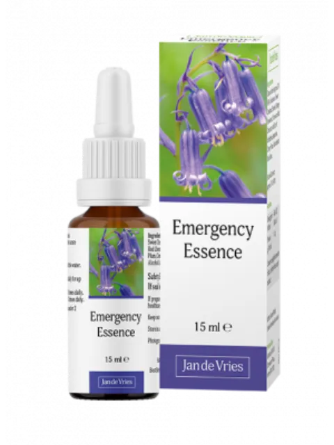 Emergency Essence bottle and box, 15 ml, with purple flowers on label.