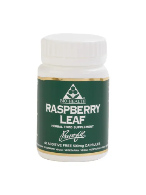 Raspberry Leaf herbal supplement bottle, 60 additive-free 500mg capsules.