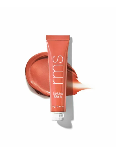 RMS Liplights tube in coral shade, 9g, with swatch behind.