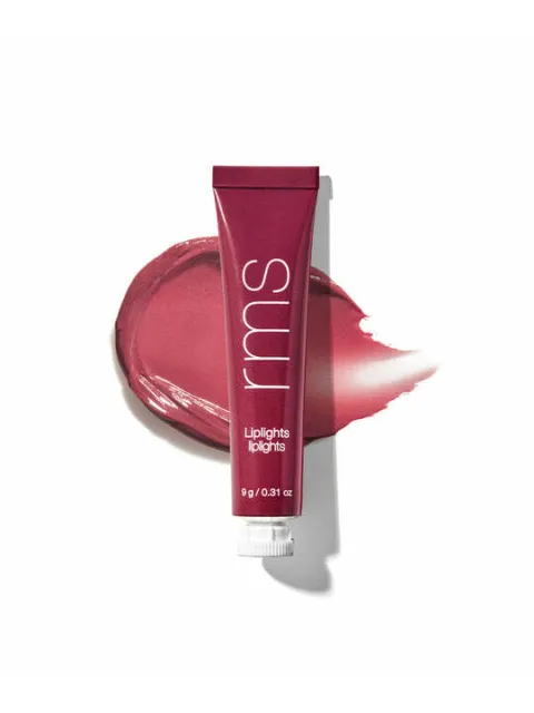 Red lip gloss tube with "rms" text, 9g, on a smear of matching colour.