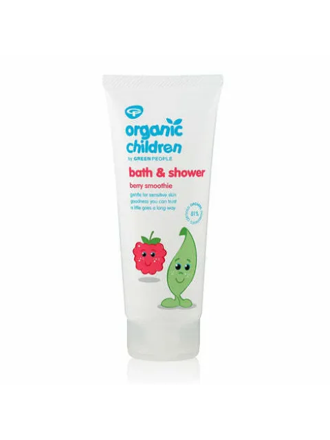 Organic Children bath and shower gel, berry smoothie, with cute fruit illustrations on the tube.