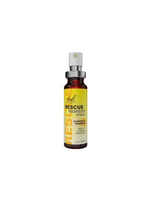 Bach Rescue Remedy Spray, 20ml bottle with yellow label.