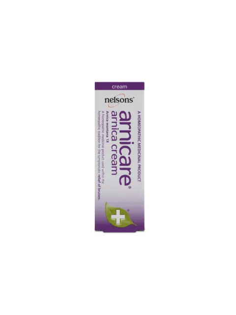 Nelsons arnicare arnica cream box with purple and white design.