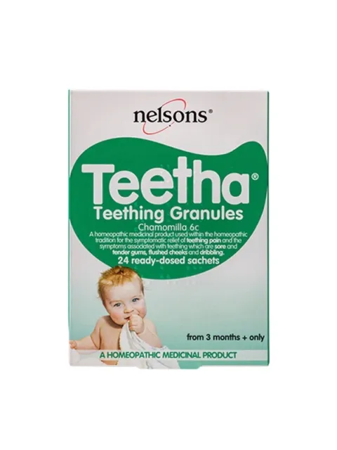 Nelsons Teetha Teething Granules, Chamomilla 6c, 24 sachets, suitable from 3 months.