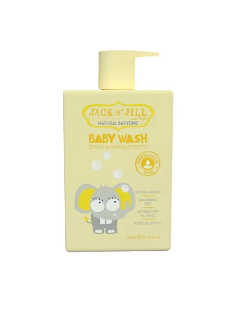 Yellow Jack N' Jill baby wash bottle with elephant design, 300ml, hypoallergenic, fragrance-free.