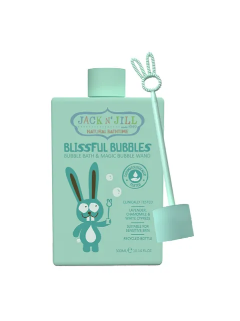 Mint green bottle of Blissful Bubbles with bubble wand, featuring a cartoon rabbit.