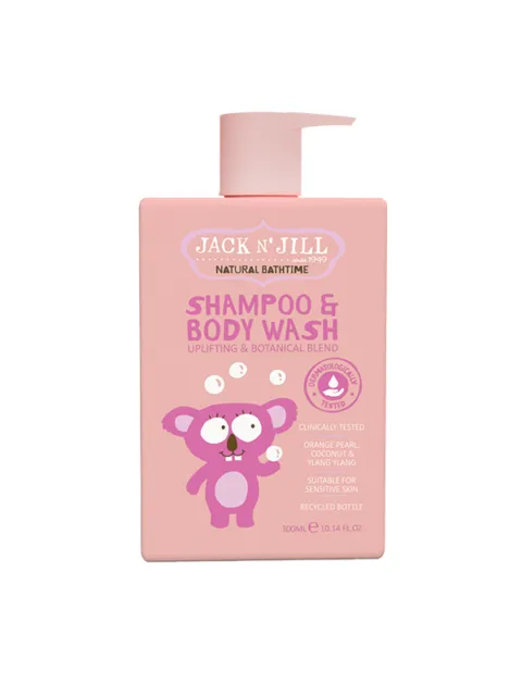 Pink bottle of Jack N' Jill Shampoo & Body Wash with cartoon koala, 300ml.