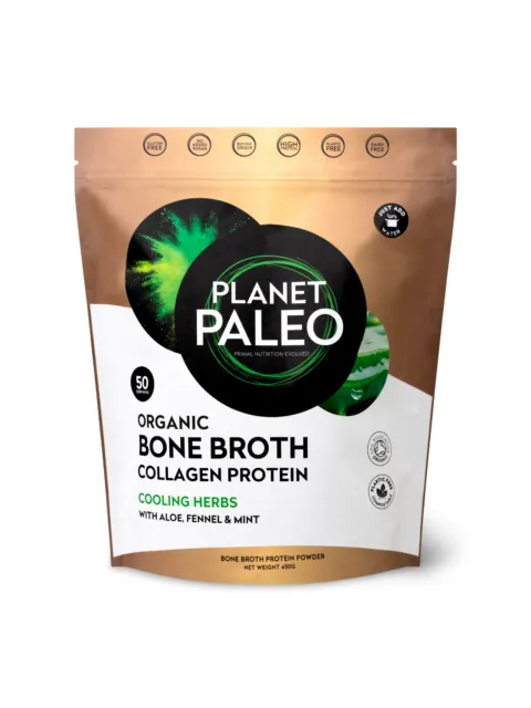 Planet Paleo Organic Bone Broth Collagen Protein, Cooling Herbs, 450g pouch.