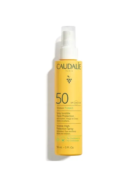 Yellow bottle of Caudalie SPF 50 Vinosun Protect spray, 150 ml.