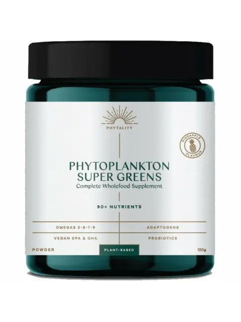 Phytoplankton Super Greens supplement jar, 120g, pineapple flavour, plant-based.
