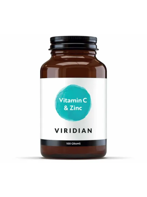 Brown bottle labelled "Vitamin C & Zinc" by Viridian, 100 grams.
