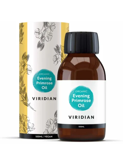 Viridian Organic Evening Primrose Oil, 100ml bottle with floral packaging.