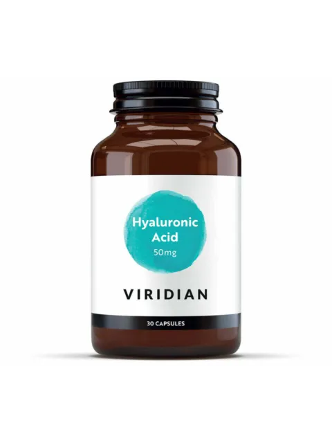 Brown bottle labelled "Hyaluronic Acid 50mg" by Viridian, 30 capsules.