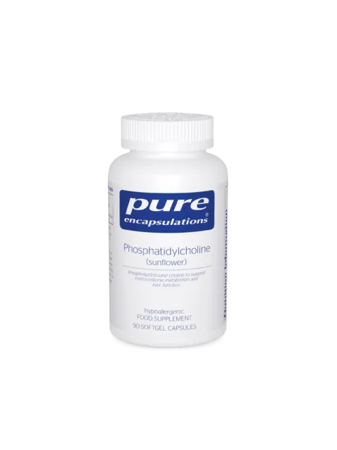 White bottle of Pure Encapsulations Phosphatidylcholine, 90 softgel capsules.
