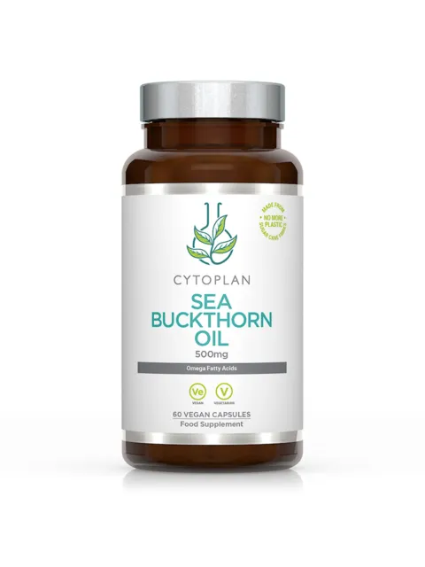 Cytoplan Sea Buckthorn Oil, 500mg, 60 vegan capsules, food supplement bottle.