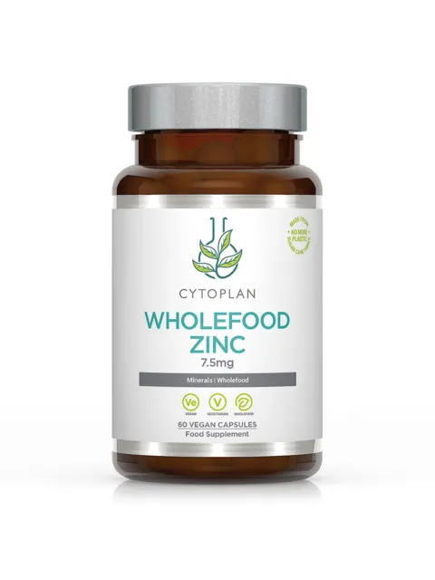 Cytoplan Wholefood Zinc 7.5mg, 60 vegan capsules in a brown bottle.