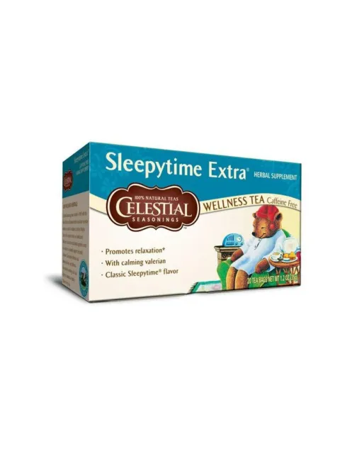 Sleepytime Extra tea box with bear illustration, promotes relaxation, caffeine-free, 20 bags.