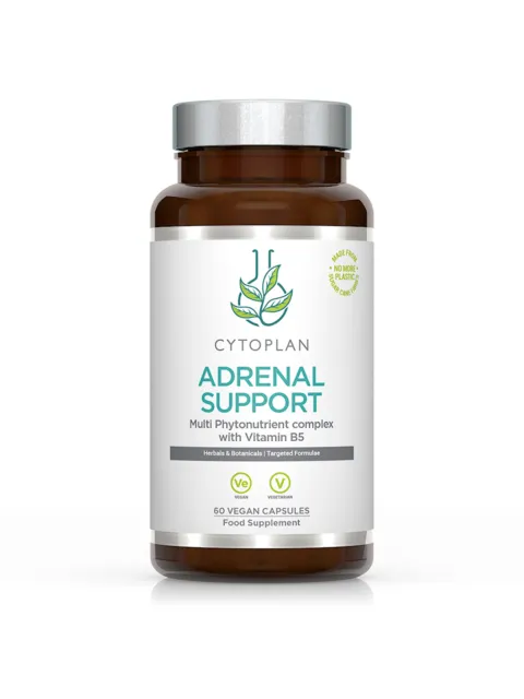 Cytoplan Adrenal Support bottle with 60 vegan capsules, Vitamin B5, and eco-friendly packaging.