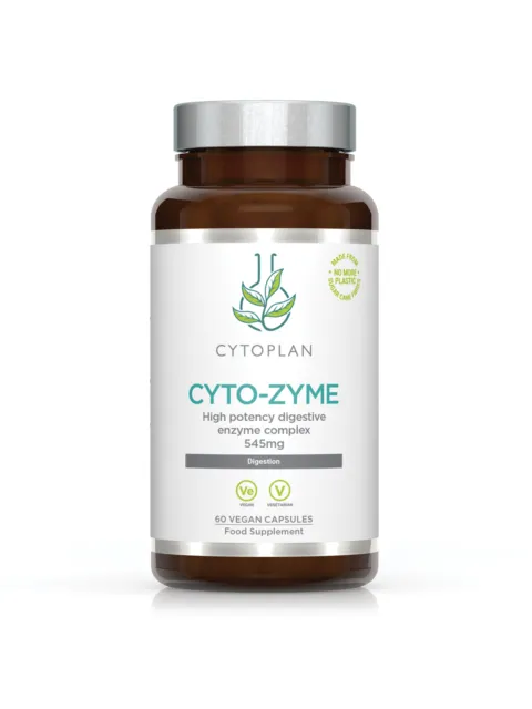 Cyto-Zyme enzyme complex bottle, 545mg, 60 vegan capsules, sugar cane plastic.