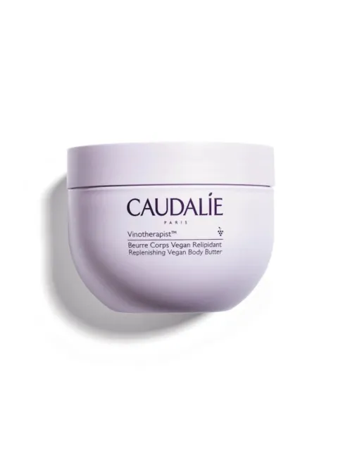Caudalie Vinotherapist Replenishing Vegan Body Butter in a round lavender container.