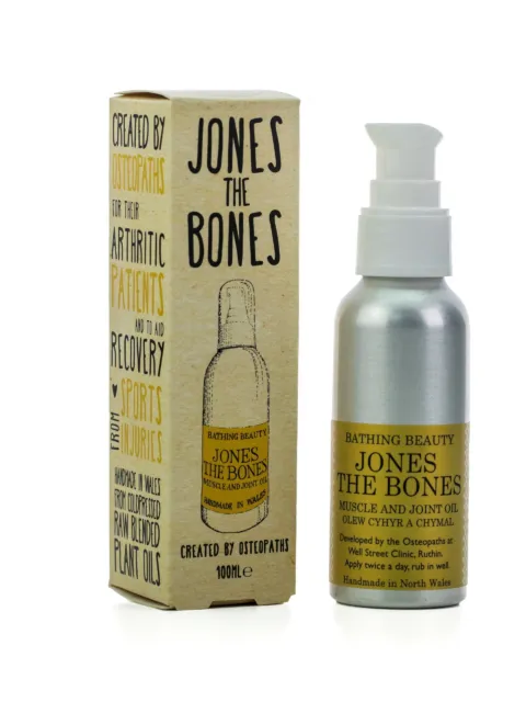 Jones the Bones muscle and joint oil, 100ml bottle with packaging, handmade in North Wales.