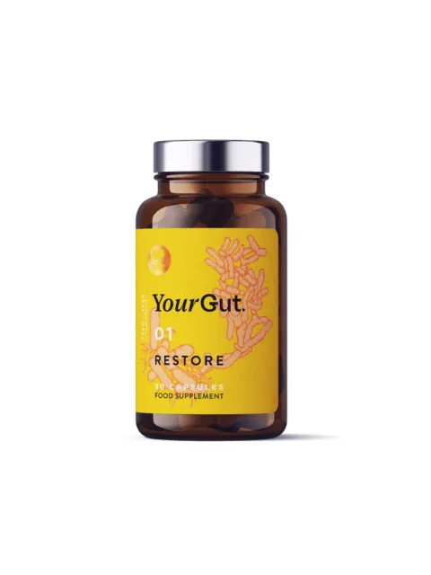 Brown bottle with yellow label, "YourGut 01 RESTORE", 30 capsules, food supplement.