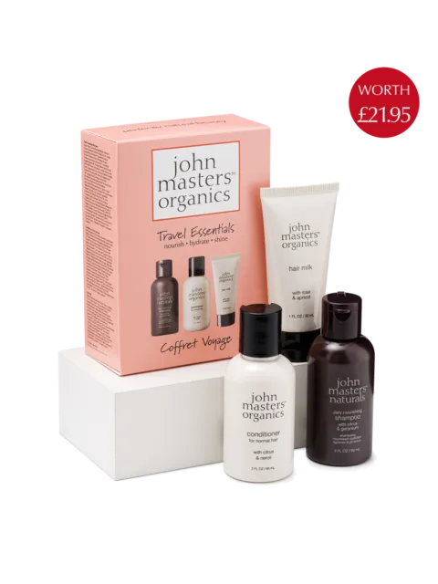 John Masters Organics Travel Essentials set with hair milk, conditioner, and shampoo. Price: £21.95.