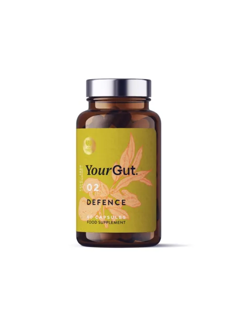 Brown bottle with "YourGut 02 Defence" label, 60 capsules, food supplement.