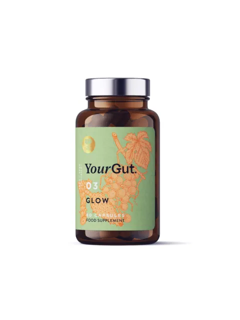 Brown bottle with "Your Gut" label, 60 capsules, food supplement.